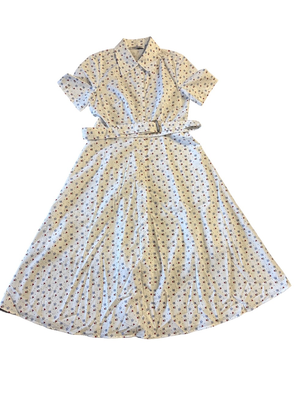 Christian Dior Vintage Floral Button-Up Fitted Shirt Midi Dress in Cream w/ Belt